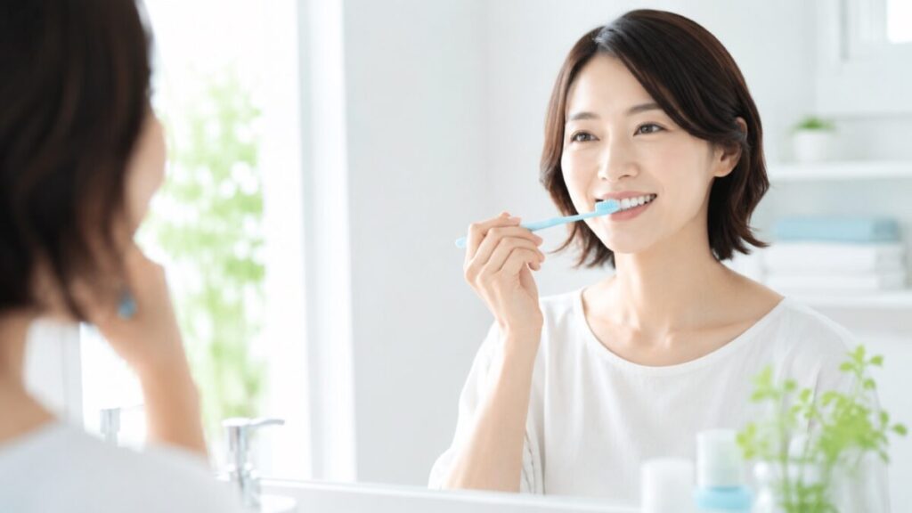 やわらかい歯ブラシでやさしく磨く女性