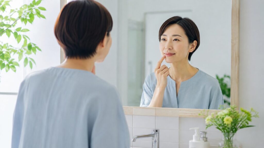 鏡の前で口元をセルフチェックする女性