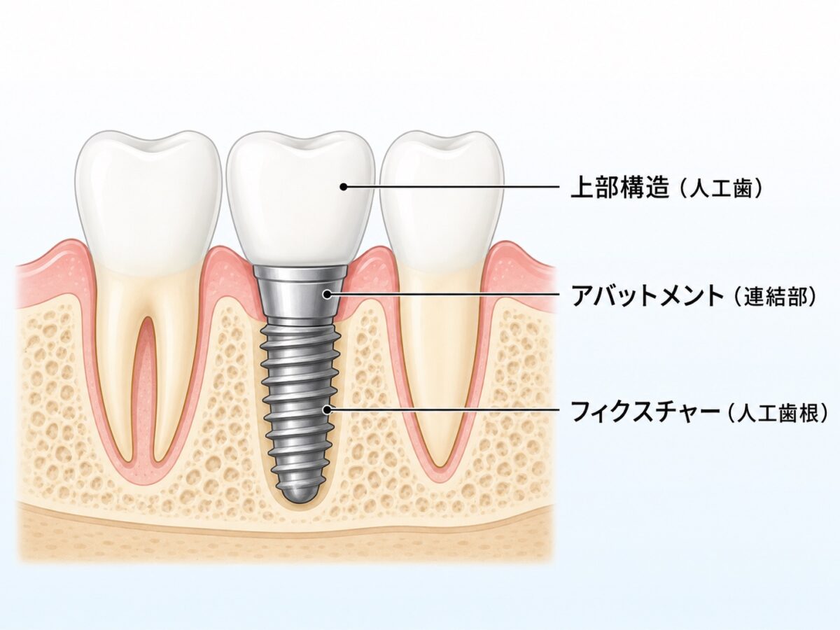 インプラントの3部構造(フィクスチャー・アバットメント・上部構造)の断面図解