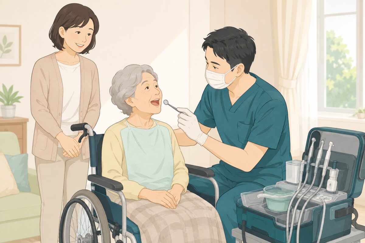 ご自宅で訪問歯科診療を受ける高齢の患者さまと歯科医師のイラスト