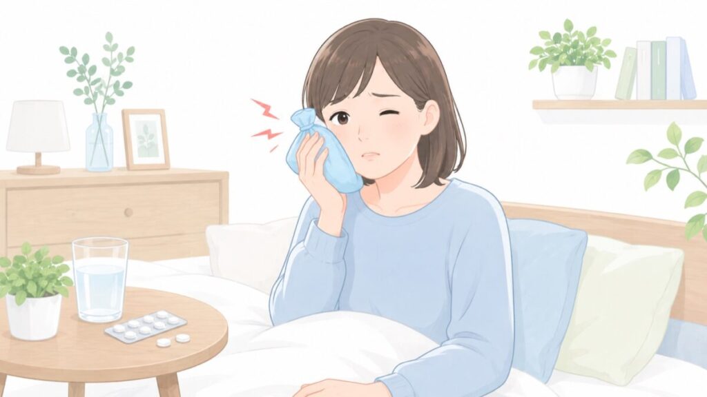 頬を冷やして上体を起こして休む応急処置のイラスト
