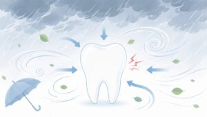 台風の雨雲と気圧の矢印に囲まれた歯のイラスト(気圧性歯痛のイメージ)