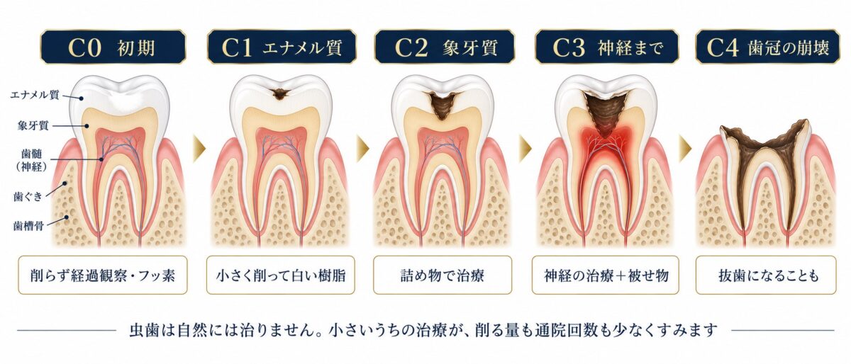 虫歯の進行度(C0〜C4)の図解|日立市 こばやし歯科クリニック