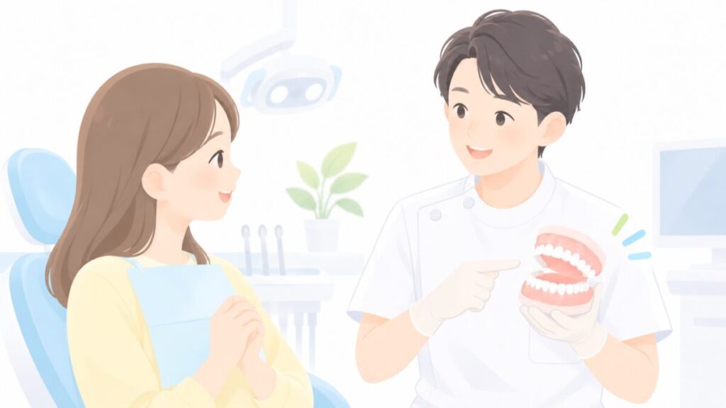 歯科医師が歯の模型を使って患者に説明するイラスト