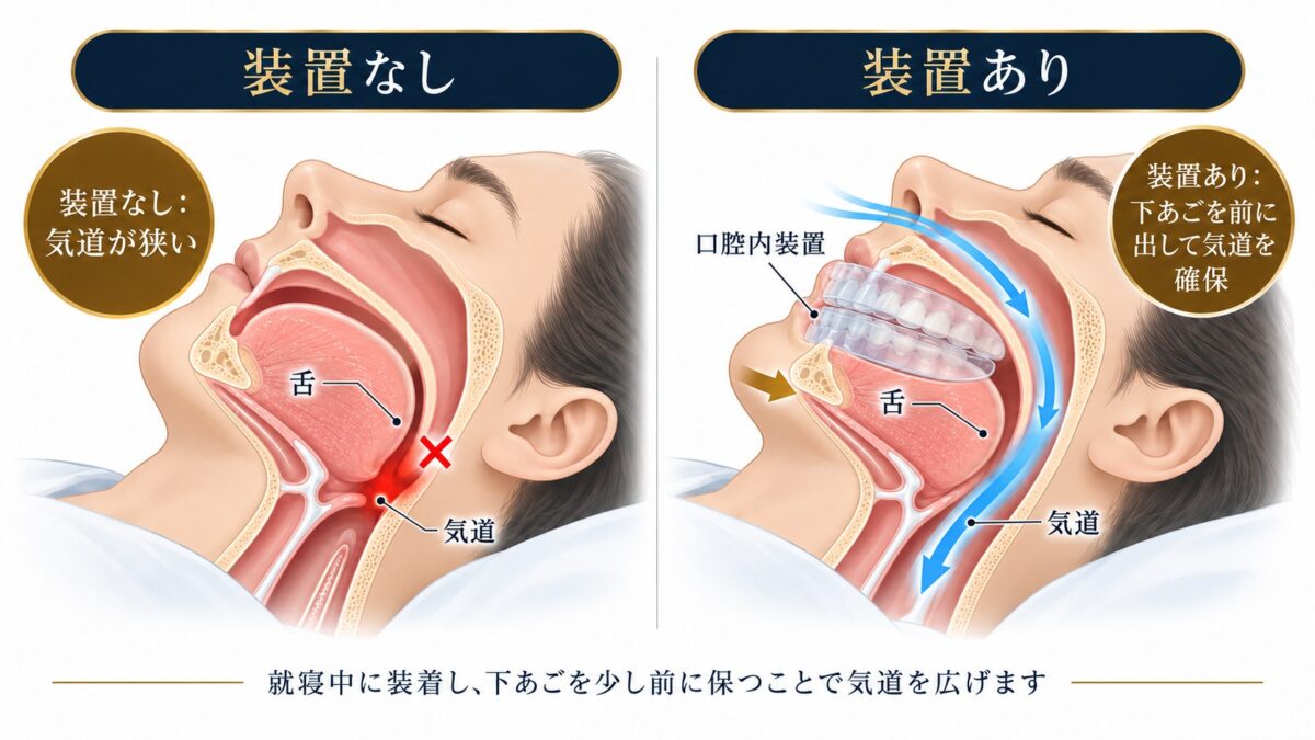 口腔内装置(スリープスプリント)で下顎を前に出して気道を広げる仕組みの図解|日立市 こばやし歯科クリニック