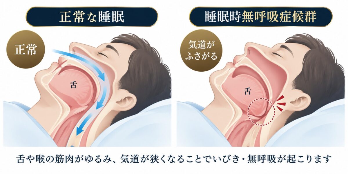 睡眠中に舌や喉の筋肉がゆるんで気道が狭くなる仕組みの図解|日立市 こばやし歯科クリニック