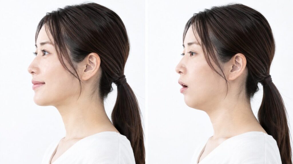 口を閉じて鼻で呼吸する横顔と、口を開けて口で呼吸する横顔の比較
