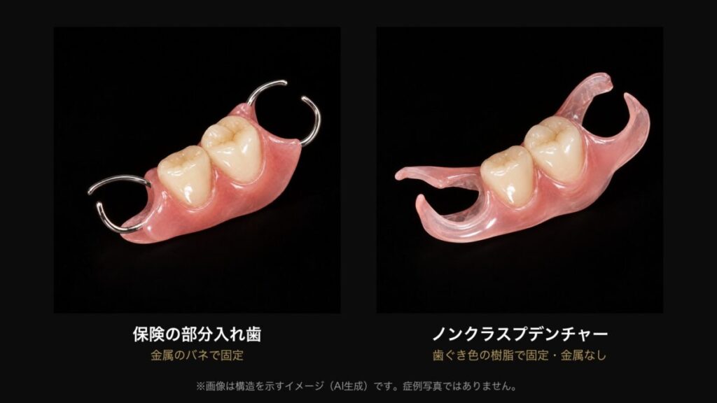 保険の部分入れ歯(金属のバネ)とノンクラスプデンチャー(歯ぐき色の樹脂で固定)の構造比較イメージ