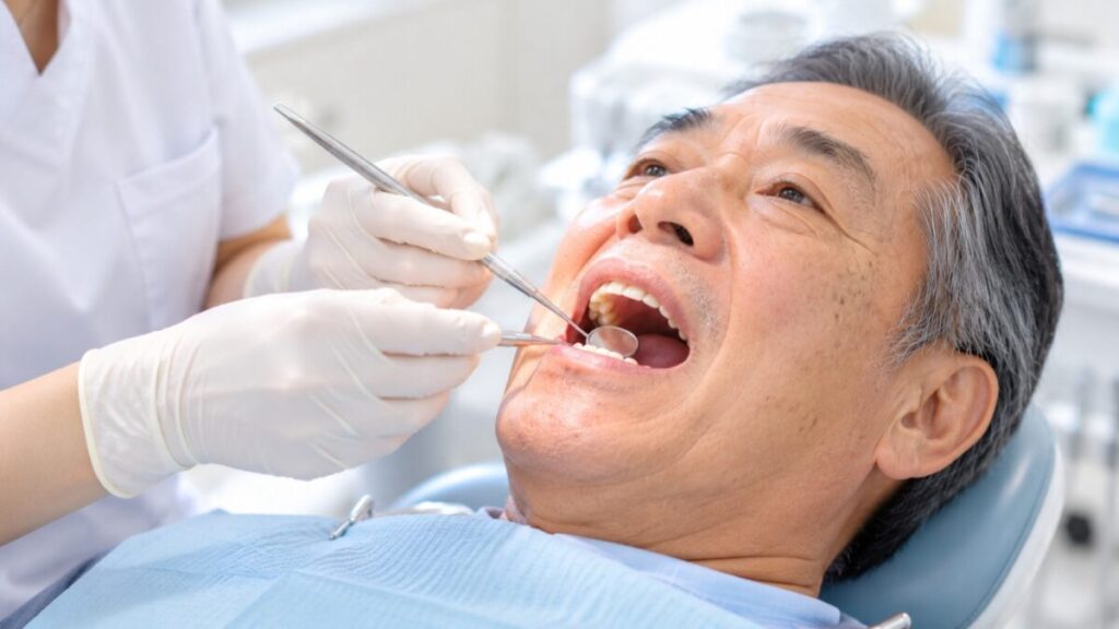 歯科医院で歯ぐきのチェックとクリーニングを受ける60代の男性