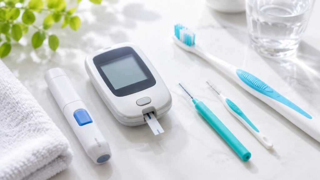 歯周病と糖尿病の関係を示す血糖測定器と歯ブラシ