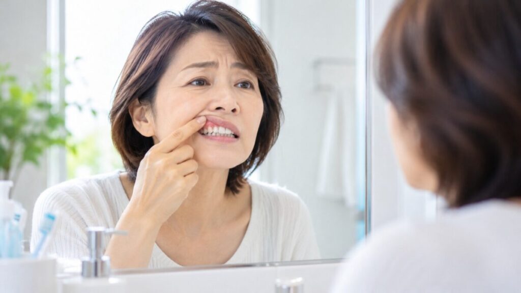 鏡の前で歯ぐきの腕れを確認する50代の女性