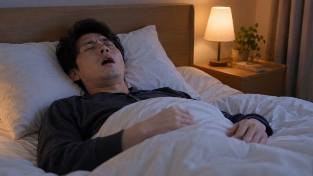 口を開けていびきをかいて眠る男性
